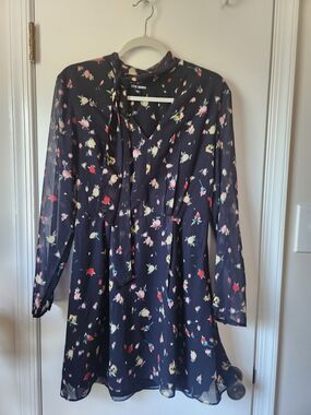 Steve Madden Black Floral Mini Dress Tie Neck Cinch Waist Long Sleeve NWOT Med